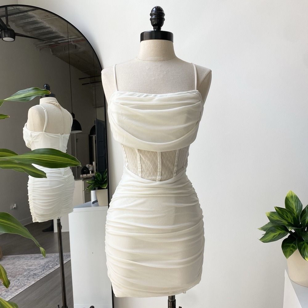 Privy Corset Mesh Lace Ruched Bodycon Cowl Cream Dress Women's Medium Bridal